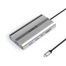 Stacja dokująca USB-C Orico XDR 12w1 USB-A USB-C 2x HDMI 4K 60Hz DisplayPort 4K 60Hz RJ45 Gigabit PD 100W czytnik kart SD i microSD - srebrna