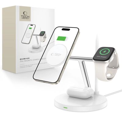 Ładowarka Tech-Protect QI15W-A35 indukcyjna 3w1 z MagSafe na telefon / AirPods / Apple Watch - biała