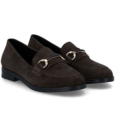 10. Skórzane loafersy damskie zamszowe brązowe Rieker  46262-25