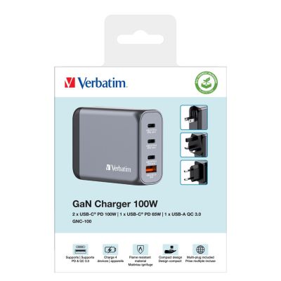 7. Ładowarka sieciowa Verbatim GaN GNC-100 4-PORT 100W/USB A/C (EU/UK/US)