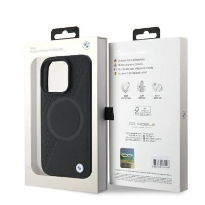 8. Etui BMW Signature Leather Half Textured & Circle MagSafe na iPhone 16 Pro - czarne
