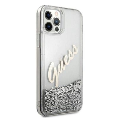 4. Etui Guess Glitter Vintage Script na iPhone 12 Pro Max - srebrne