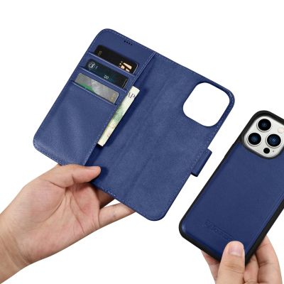 13. iCarer Wallet Case 2in1 etui iPhone 14 Pro Max skórzany pokrowiec z klapką Anti-RFID niebieski (WMI14220728-BU)