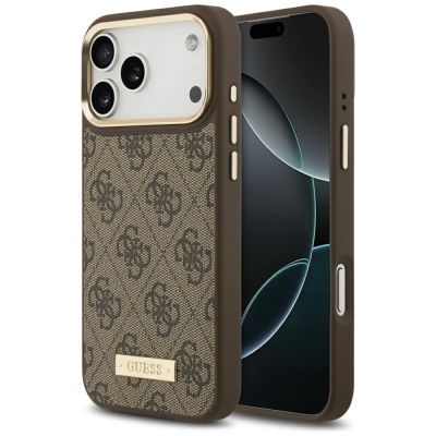 Etui Guess 4G Logo Plate MagSafe na iPhone 17 Pro Max - brązowe