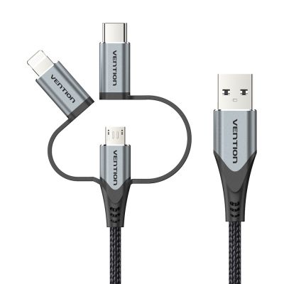 5. Kabel Vention USB-A  3w1 Micro-B USB-C Lightning 1m szary