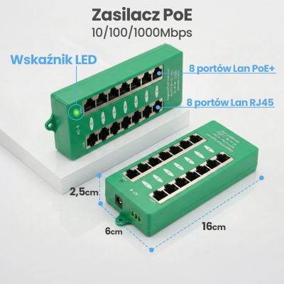 21. Extralink Gigabit PoE Injector 8 Portowy Aktywny, 8 portów Gigabit 802.3at/af, Mode A