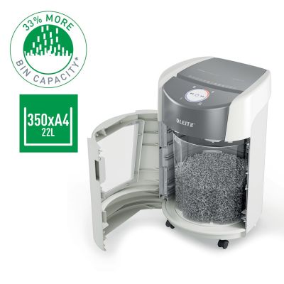 3. Niszczarka Leitz IQ OptiMax Small Office 350, 22l, P5, 8 kartek, Automatyczny Start/Stop, Funkcja cofania, Obrotowy pojemnik - 33% większa pojemność na ścinki
