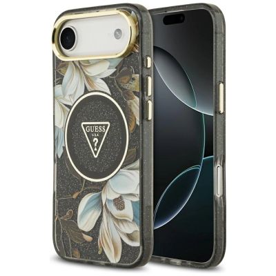 Etui Guess IML Glitter Flowers Triangle MagSafe do iPhone Air - czarne