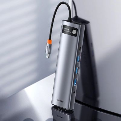 15. Baseus Metal Gleam 11w1 wielofunkcyjny HUB USB Typ C - 3x USB 3.2 Gen 1 5Gbps / USB Typ C PD 100W / 3,5 mm mini jack AUX / VGA Full HD 60Hz / 2x HDMI 4K 30Hz / czytnik kart TF i SD / RJ45 1Gbps szary (CAHUB-CT0G)