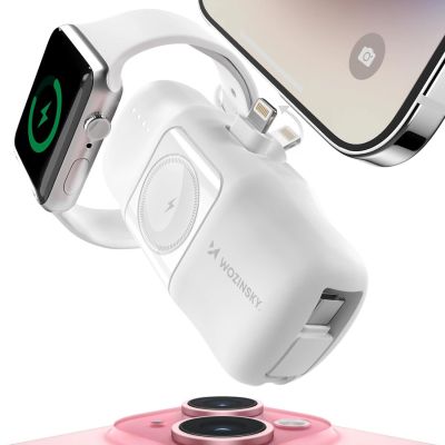 6. Mini powerbank Wozinsky WF16-YLS 5000mAh 15W Lightning z wbudowanym kablem USB-C i ładowarką do Apple Watch - biały