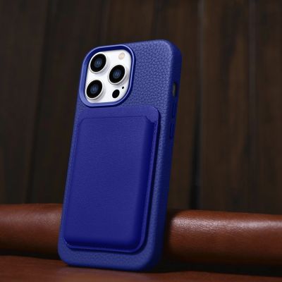 15. iCarer Litchi Premium Leather Case skórzane etui iPhone 14 Pro magnetyczne z MagSafe ciemnoniebieski (WMI14220710-DB)