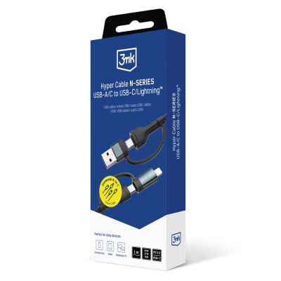 17. Kabel 3mk Hyper Cable N-SERIES 2 in 2 USB-A / USB-C i USB-C / Lightning 1.2m QC 3.0 9V/2A 60W - czarny
