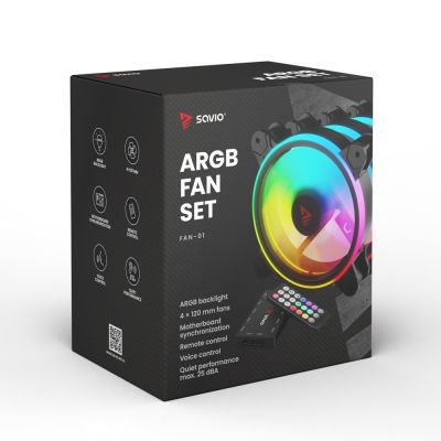 3. SAVIO ZESTAW 4 WENTYLATORÓW ARGB 120 MM WRAZ Z KONTROLEREM ORAZ PILOTEM FAN-01
