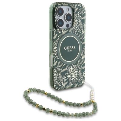 3. Etui Guess IML Flowers Allover Electro With Pearl Strap MagSafe na iPhone 16 Pro Max - zielone