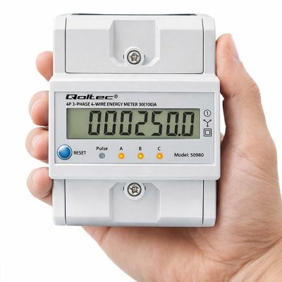 14. Qoltec 50980 Trójfazowy elektroniczny licznik z resetem | miernik zużycia energii na szynę DIN | 400V | 100A | LCD | LED | 4P