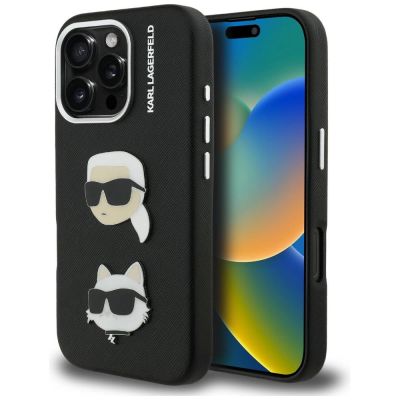 Etui Karl Lagerfeld FW Grained Karl & Choupette Heads Pins na iPhone 16 Pro Max - czarne
