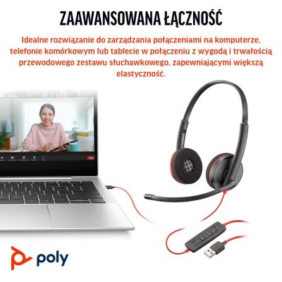 92. Słuchawki Poly Blackwire 3220 Stereo USB-C Black Headset +USB-C/A Adapter (Bulk) 8X2J9A6