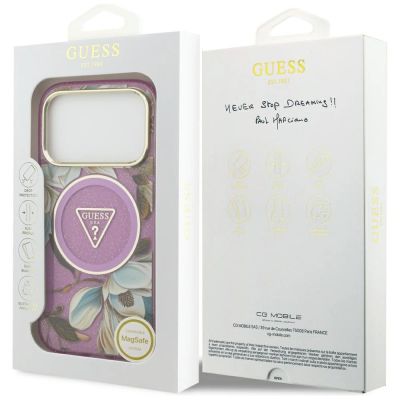 8. Etui Guess IML Glitter Flowers Triangle MagSafe na iPhone 17 Pro / 18 Pro - fioletowe