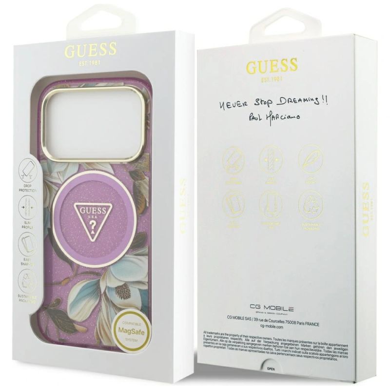 8. Etui Guess IML Glitter Flowers Triangle MagSafe na iPhone 17 Pro / 18 Pro - fioletowe