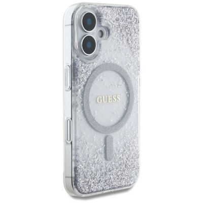 4. Etui Guess HC Resin Bottom Glitter MagSafe na iPhone 16 - srebrne