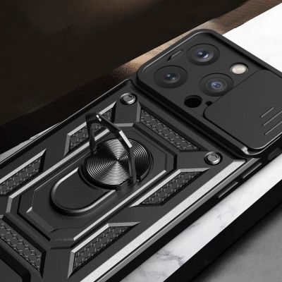 5. Pancerne etui z podstawką i osłoną aparatu do iPhone 15 Pro Hybrid Armor Camshield - niebieskie