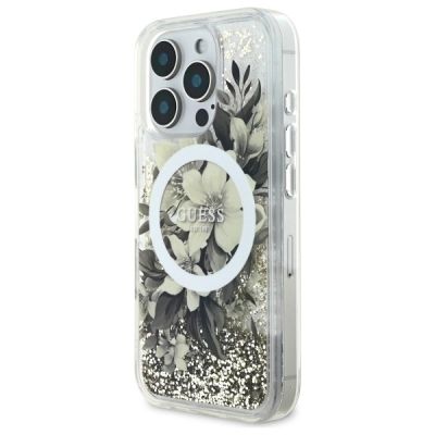 2. Etui Guess Liquid Glitter Flower MagSafe na iPhone 16 Pro - beżowe