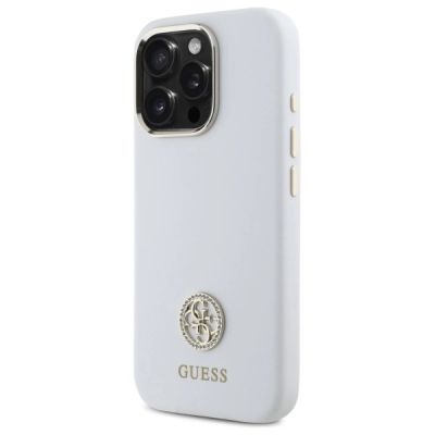 2. Etui Guess Silicone Logo Strass 4G na iPhone 16 Pro - białe