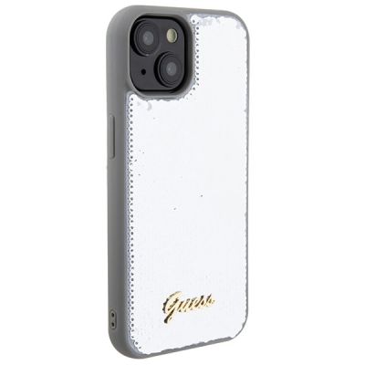 4. Etui Guess Sequin Script Metal na iPhone 15 - srebrne
