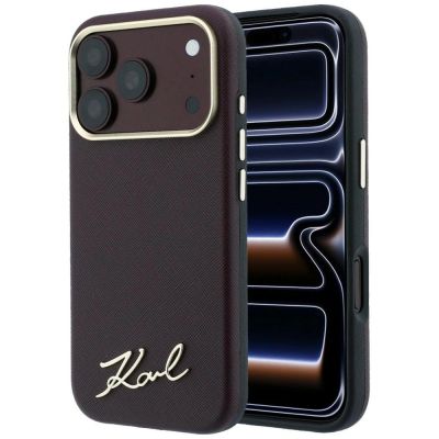 Etui Karl Lagerfeld Saffiano Small Script Metal Logo MagSafe na iPhone 17 Pro / 18 Pro - burgundowe