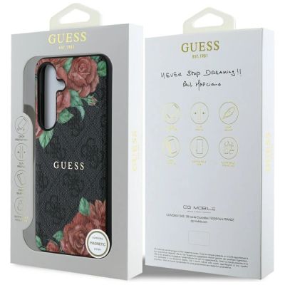 8. Etui Guess Leather 4G Flowers Print Metal Classic Logo MagSafe na Samsung Galaxy S25 - czarne