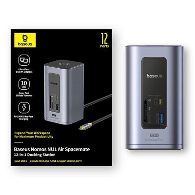 9. Stacja dokująca Baseus NU1 Air Spacemate hub 12w1 USB-C - 2xHDMI 4K@60Hz 2xUSB-C 10Gb/s 2xUSB-A 5Gb/s 2xUSB-A (480Mb/s) RJ45 SD/microSD 3.0 USB-C (PD) - szara
