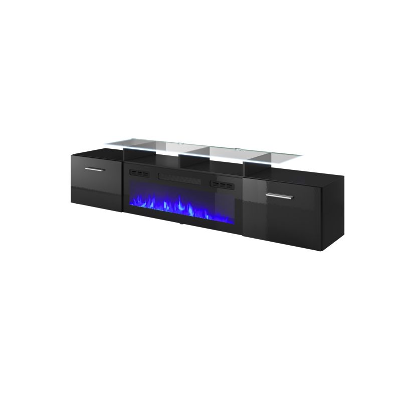 Szafka RTV ROVA z kominkiem elektrycznym 190x37x48 czarny/czarny połysk