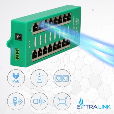 23. Extralink Gigabit PoE Injector 8 Portowy Aktywny, 8 portów Gigabit 802.3at/af, Mode A