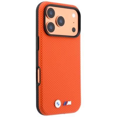 4. Etui BMW M Quadrille Kevlar Metal Logo MagSafe na iPhone 17 Pro Max / 18 Pro Max - pomarańczowe