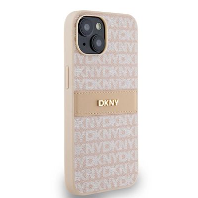 4. Etui DKNY Leather Mono Stripe & Metal Logo na iPhone 15 / 14 / 13 - różowe