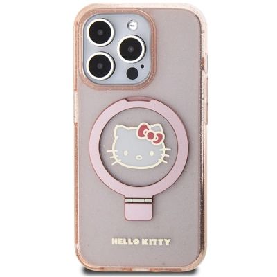 3. Etui Hello Kitty Ring Stand Glitter Electrop Logo MagSafe na iPhone 15 Pro - różowe