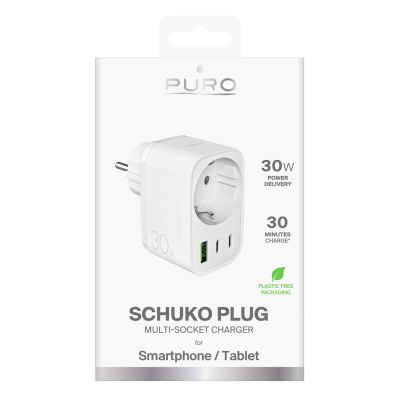 2. Ładowarka Puro 30W Power Delivery z wtyczką i gniazdem Schuko 2x USB-C + 1x USB-A - biała