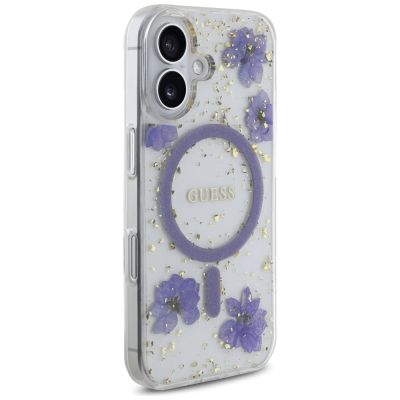 4. Etui Guess Resin Flowers Glitter MagSafe na iPhone 16 - fioletowe