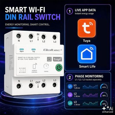 8. Qoltec Trójfazowy przekaźnik 63A na szynę DIN | 3P+N | Timer | Wi-Fi | Tuya | Smart Life | Amazon Alexa | 4P