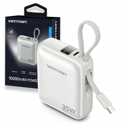 Powerbank Vention 10000mAh 35W PD z wbudowanym kablem USB-C beżowy