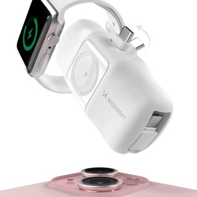 5. Mini powerbank Wozinsky WF16-YCS 5000mAh 15W USB-C z wbudowanym kablem USB-C i ładowarką do Apple Watch - biały