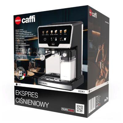 31. ELDOM EKSPRES CIŚNIENIOWY KOLBOWY ECK1 1300W 20 BAR, ZASOBNIK NA MLEKO, 6 PROGRAMÓW AUTOMATYCZNYCH, 2 PROGRAMY RECZNE