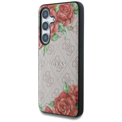 2. Etui Guess Leather 4G Flowers Print Metal Classic Logo MagSafe na Samsung Galaxy S25 - różowe