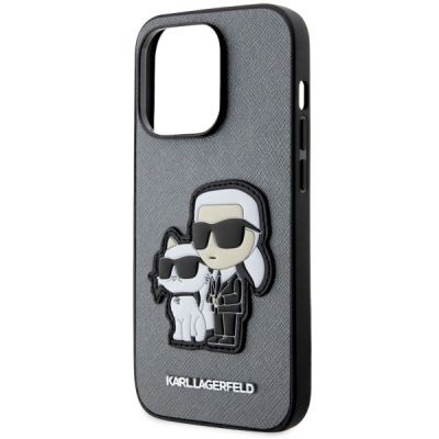 6. Etui Karl Lagerfeld Saffiano Karl & Choupette na iPhone 14 Pro 6- srebrne