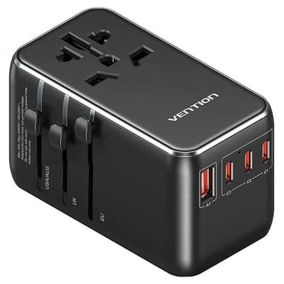 3. Uniwersalny adapter podróżny z ładowarką Vention 100W GaN 1x USB-A 3x USB-C czarny