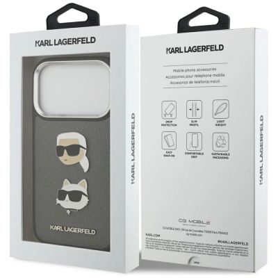 8. Etui Karl Lagerfeld FW Grained Karl & Choupette Heads Pins & Logo na iPhone 17 Pro - szare