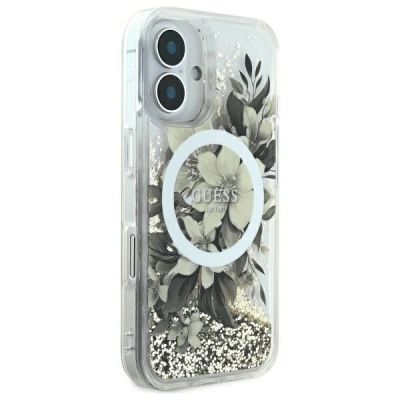 4. Etui Guess Liquid Glitter Flower MagSafe na iPhone 16 - beżowe
