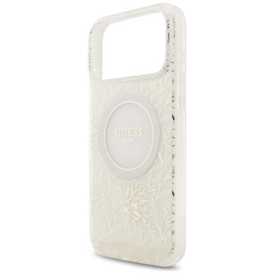 6. Etui Guess IML Flowers Electro Pearl Strap MagSafe na iPhone 17 Pro Max - białe