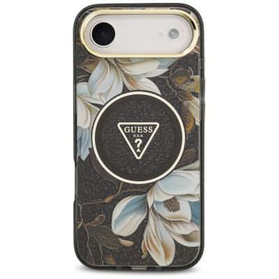 3. Etui Guess IML Glitter Flowers Triangle MagSafe do iPhone Air - czarne