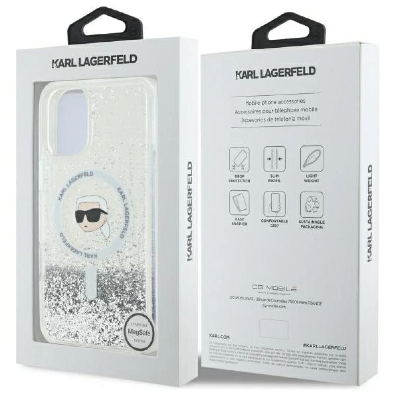 8. Etui Karl Lagerfeld Liquid Glitter Karl Head Magsafe na iPhone 16 - przezroczyste
